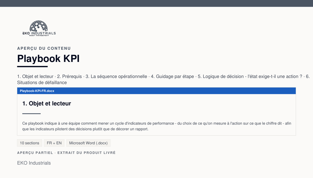 Aperçu du contenu de Playbook KPI : page réelle du document livré.