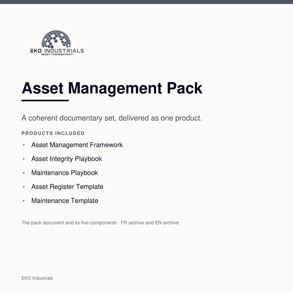 Asset Management Pack, EKO Industrials: a documentary set of five components delivered as one product, in a French and an English archive.