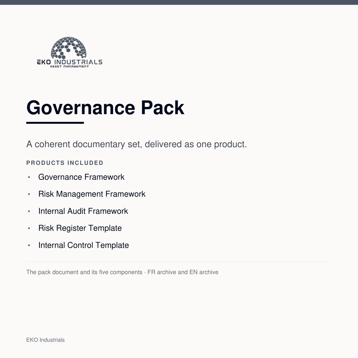 Governance Pack, EKO Industrials: a documentary set of five components delivered as one product, in a French and an English archive.