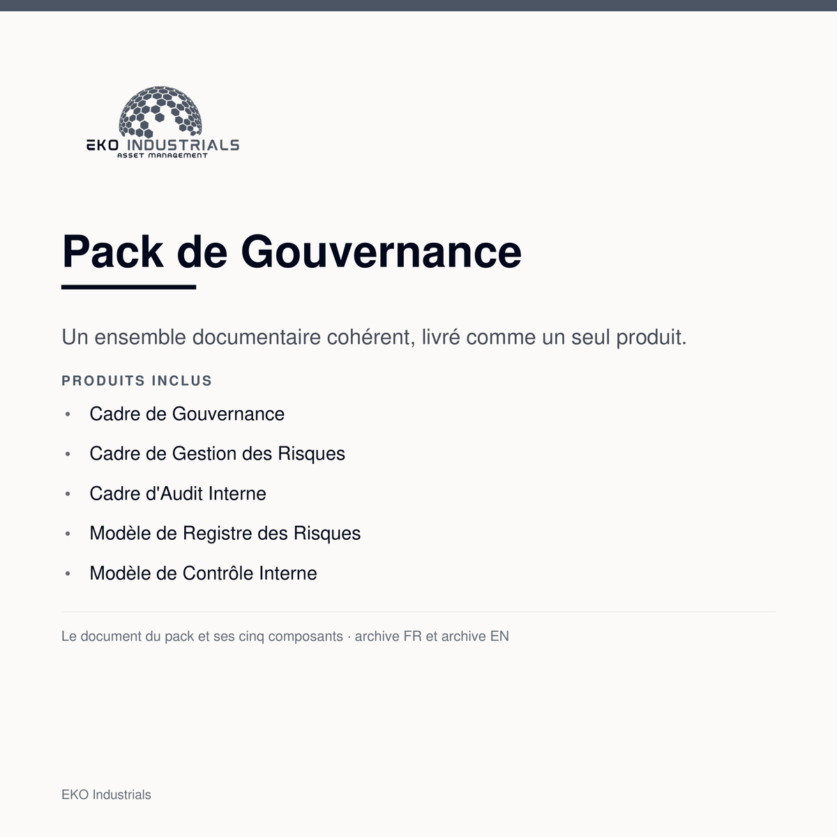 Pack de Gouvernance, EKO Industrials : un ensemble documentaire de cinq composants livré comme un seul produit, en archive française et anglaise.