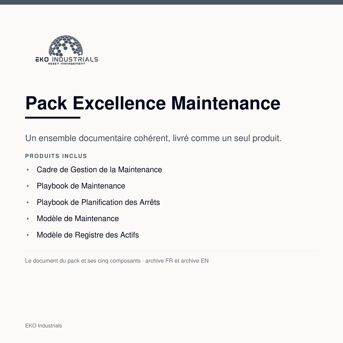 Pack Excellence Maintenance, EKO Industrials : un ensemble documentaire de cinq composants livré comme un seul produit, en archive française et anglaise.
