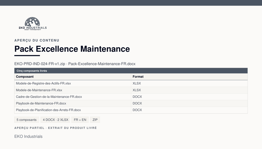 Aperçu du contenu de Pack Excellence Maintenance : les cinq composants livrés dans l'archive.