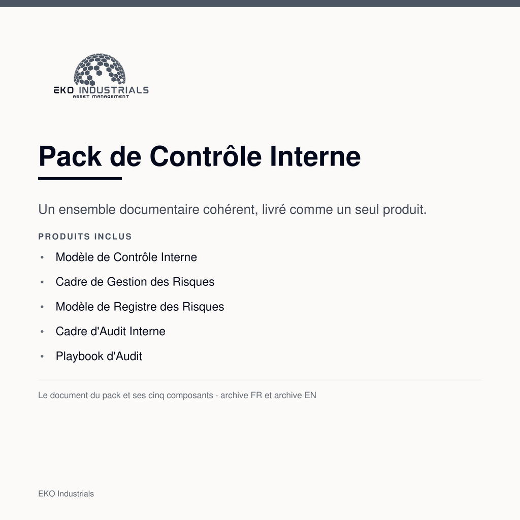 Pack de Contrôle Interne, EKO Industrials : un ensemble documentaire de cinq composants livré comme un seul produit, en archive française et anglaise.