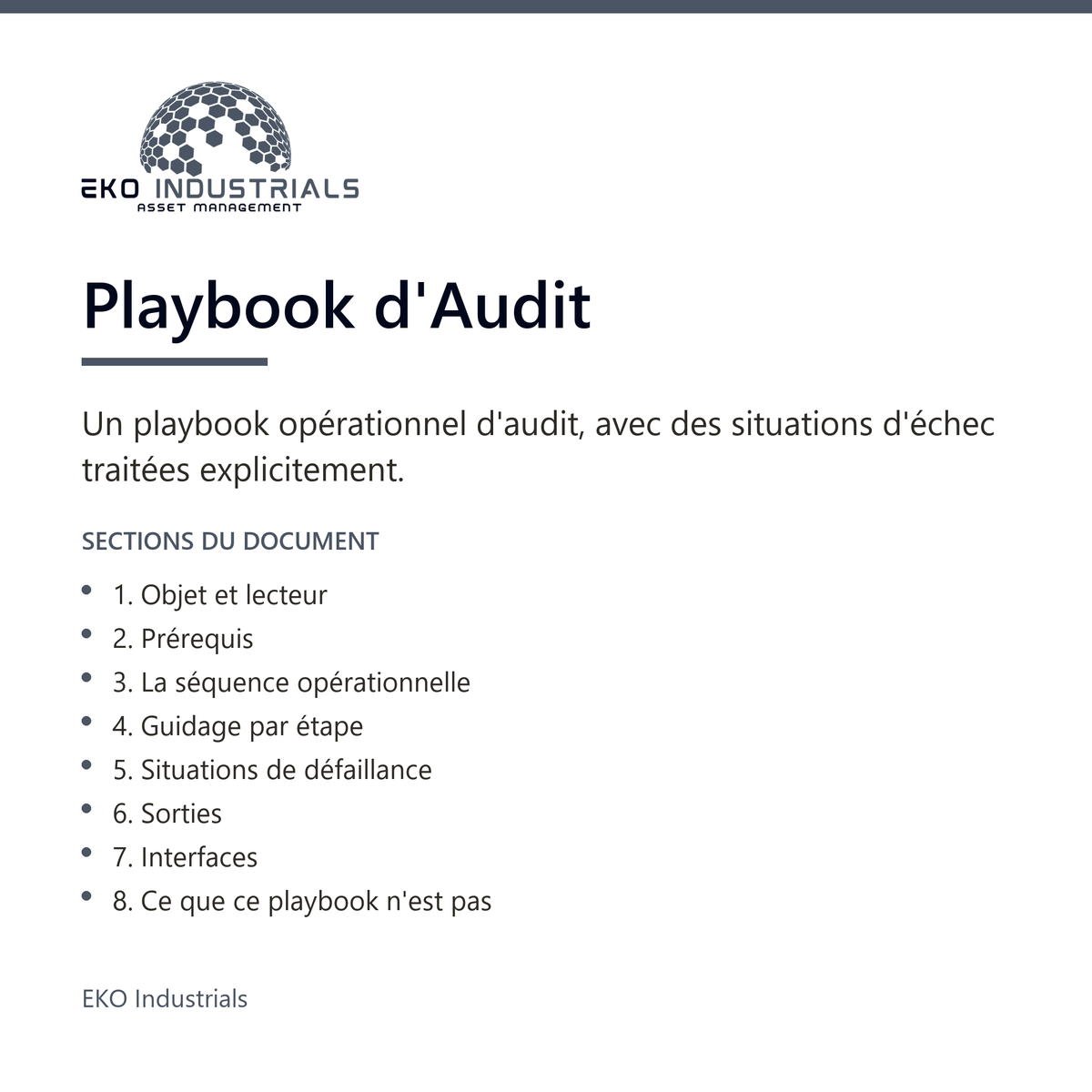 Playbook d'Audit, EKO Industrials : visuel de présentation du produit — 8 sections, livré en français et en anglais.