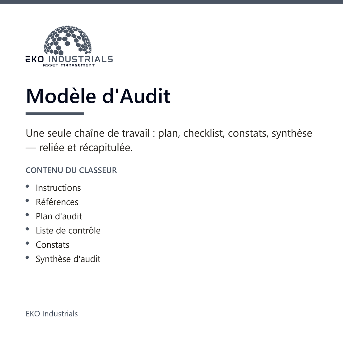 Modèle d'Audit, EKO Industrials : visuel de présentation du produit — 6 feuilles, 852 formules, livré en français et en anglais.