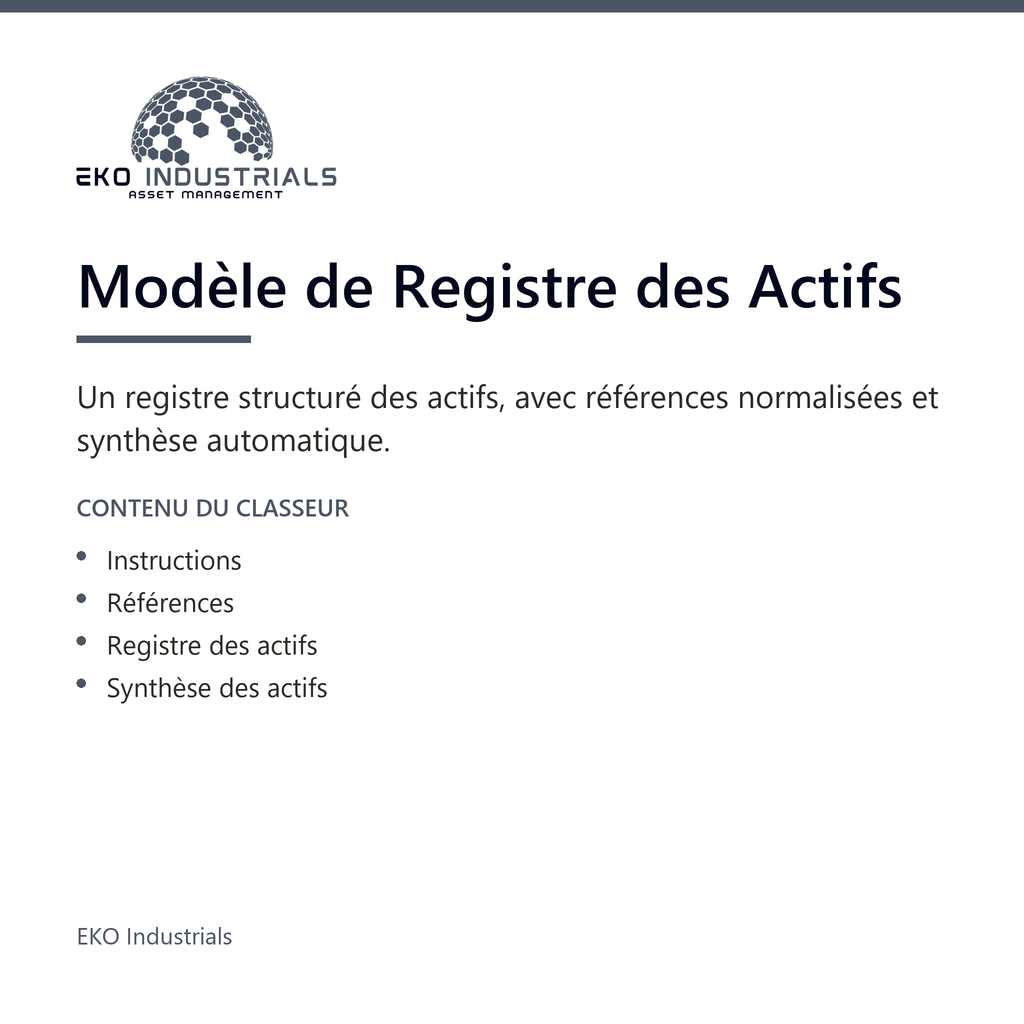 Modèle de Registre des Actifs, EKO Industrials : visuel de présentation du produit — 4 feuilles, 1068 formules, livré en français et en anglais.