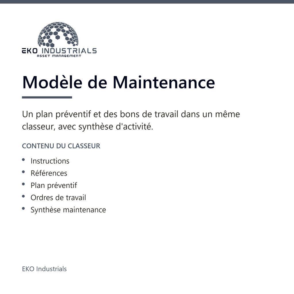 Modèle de Maintenance, EKO Industrials : visuel de présentation du produit — 5 feuilles, 1445 formules, livré en français et en anglais.