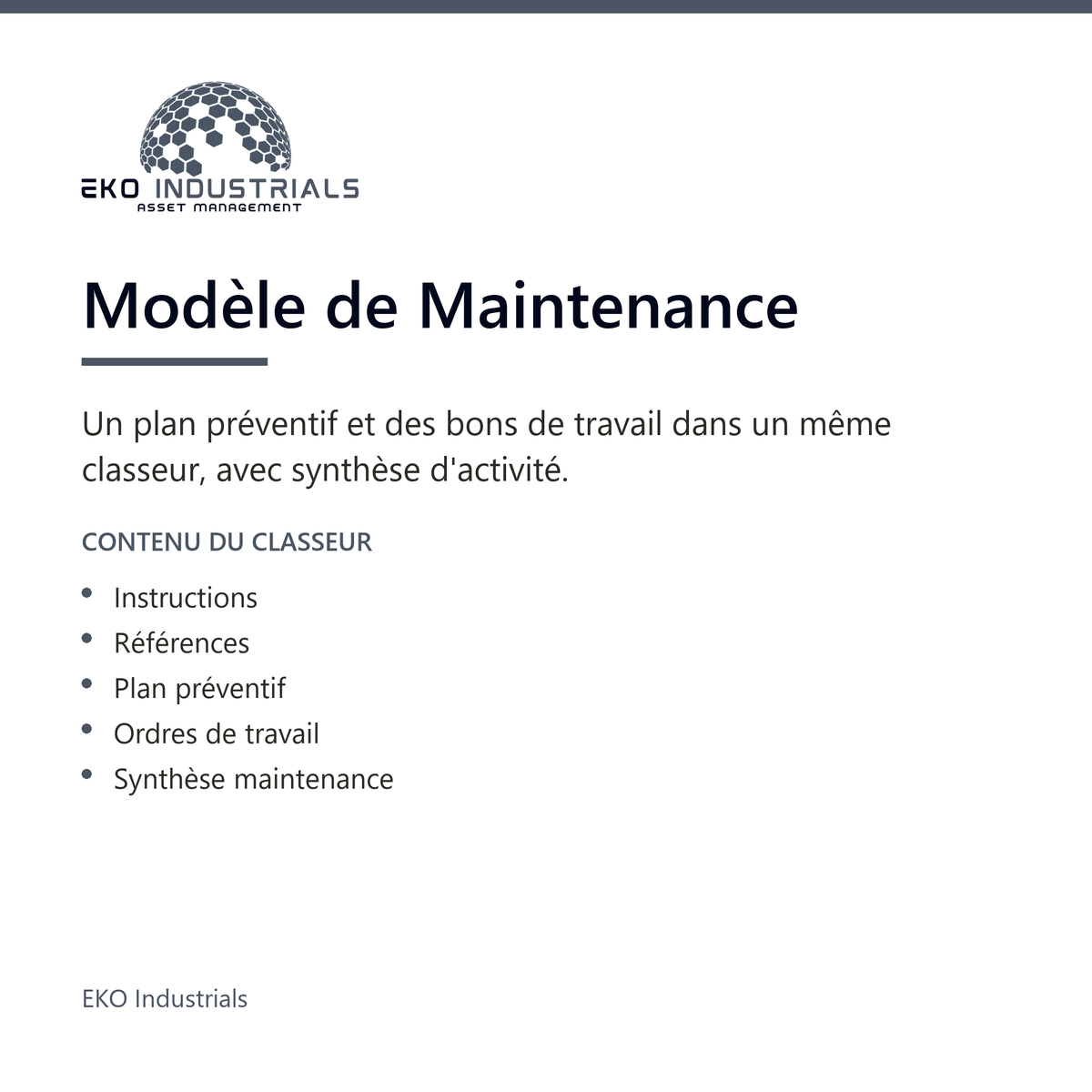 Modèle de Maintenance, EKO Industrials : visuel de présentation du produit — 5 feuilles, 1445 formules, livré en français et en anglais.