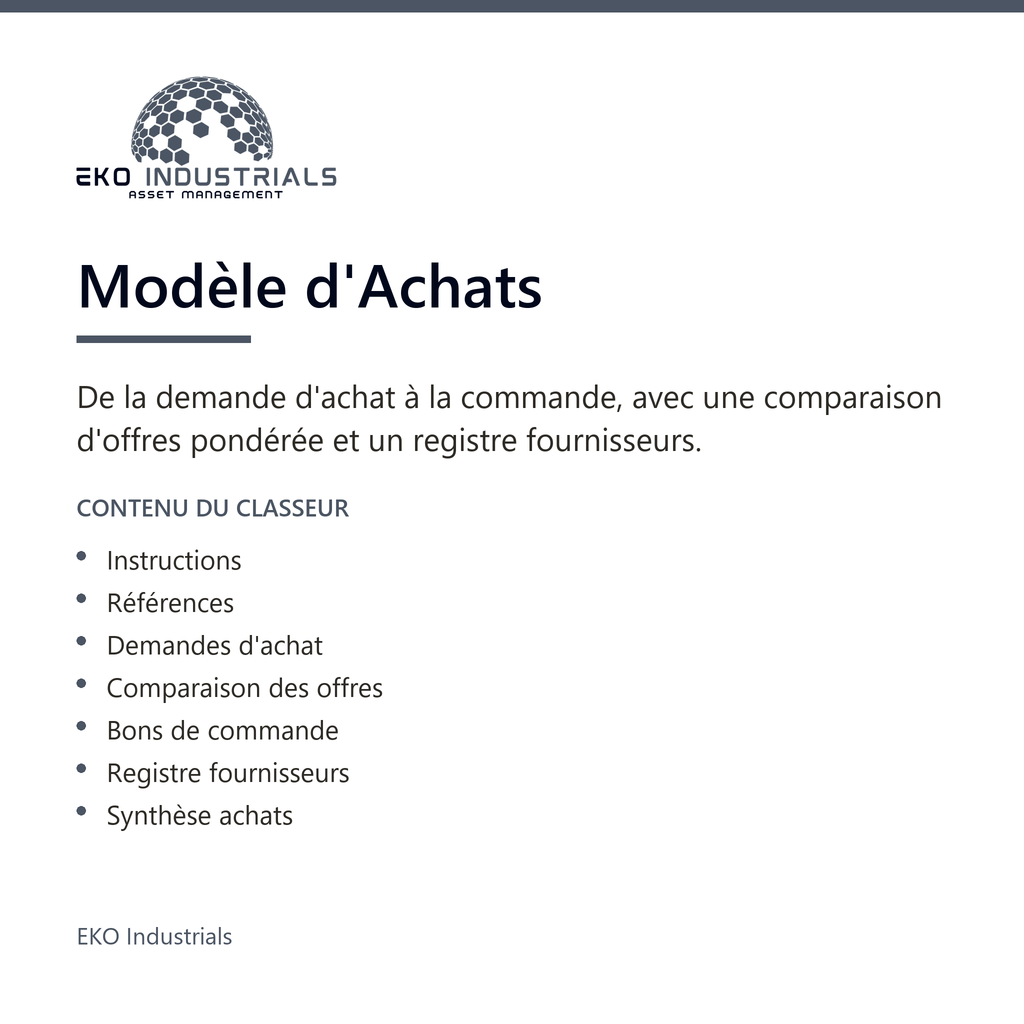 Modèle d'Achats, EKO Industrials : visuel de présentation du produit — 7 feuilles, 3446 formules, livré en français et en anglais.