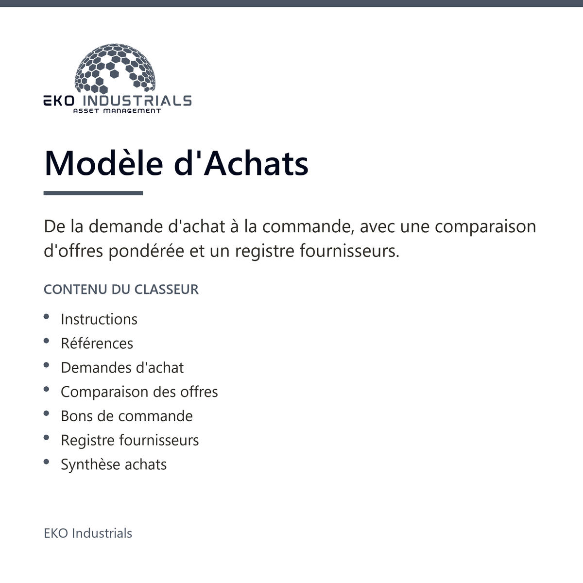 Modèle d'Achats, EKO Industrials : visuel de présentation du produit — 7 feuilles, 3446 formules, livré en français et en anglais.