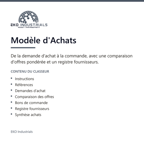 Modèle d'Achats, EKO Industrials : visuel de présentation du produit — 7 feuilles, 3446 formules, livré en français et en anglais.