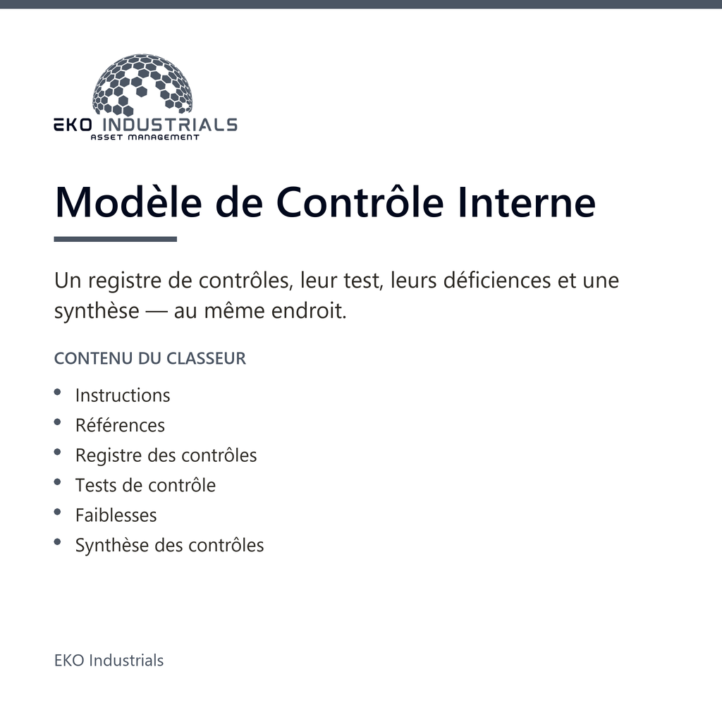 Modèle de Contrôle Interne, EKO Industrials : visuel de présentation du produit — 6 feuilles, 2037 formules, livré en français et en anglais.