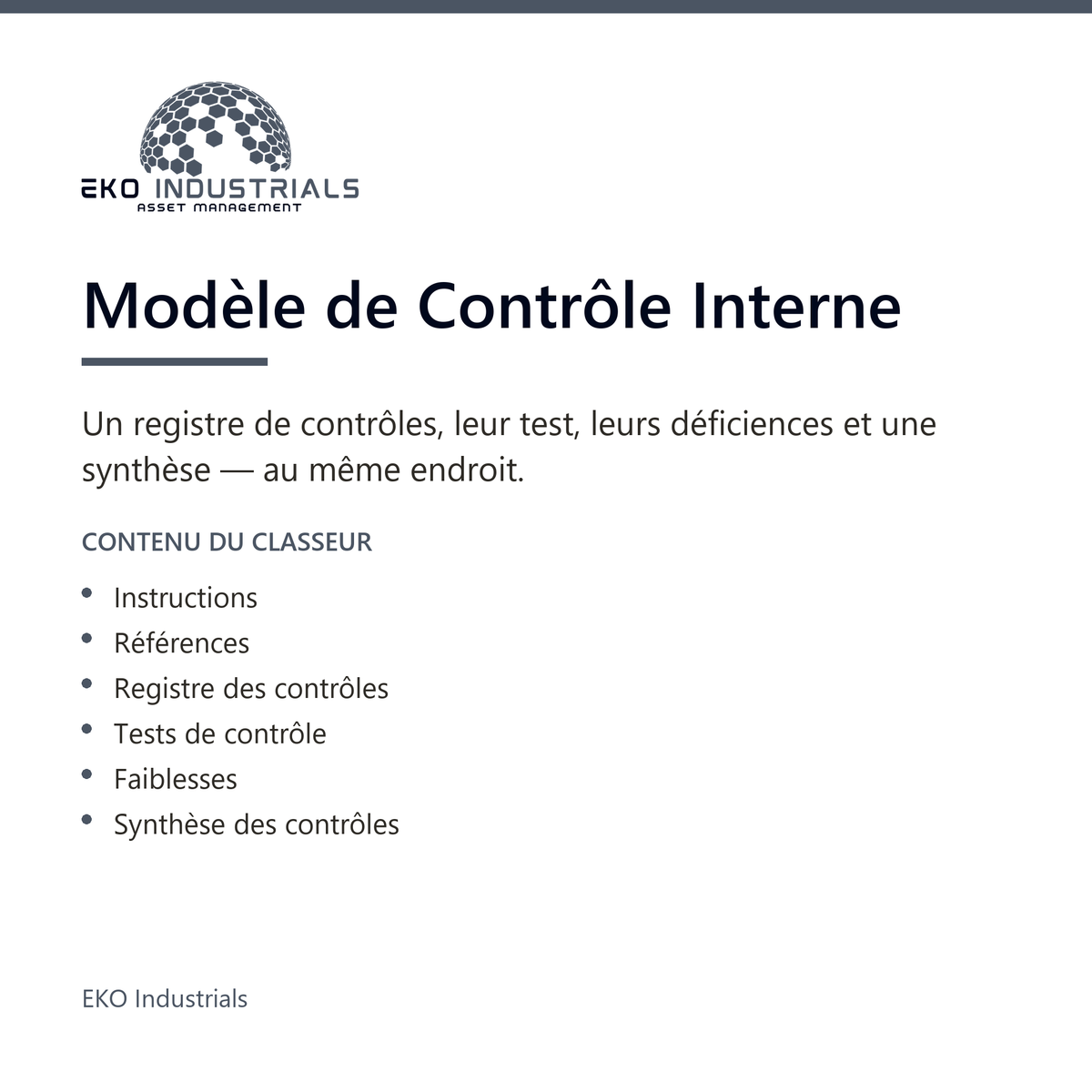 Modèle de Contrôle Interne, EKO Industrials : visuel de présentation du produit — 6 feuilles, 2037 formules, livré en français et en anglais.