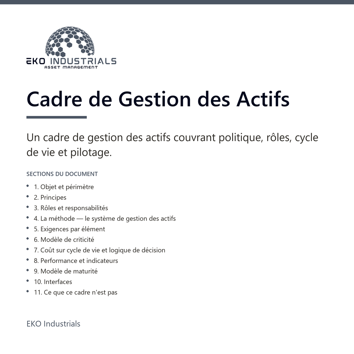 Cadre de Gestion des Actifs, EKO Industrials : visuel de présentation du produit — 11 sections, livré en français et en anglais.