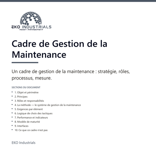Cadre de Gestion de la Maintenance, EKO Industrials : visuel de présentation du produit — 10 sections, livré en français et en anglais.