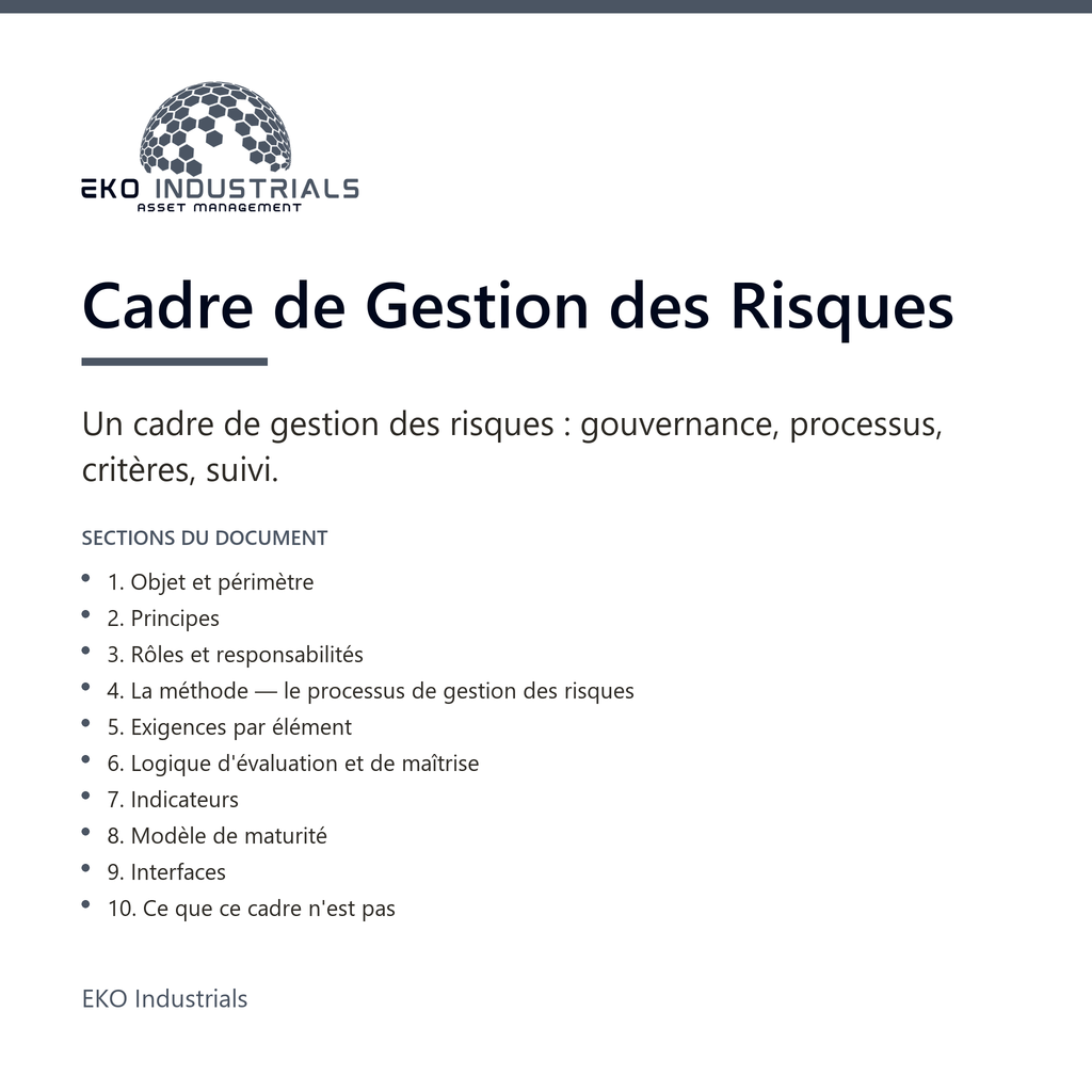Cadre de Gestion des Risques, EKO Industrials : visuel de présentation du produit — 10 sections, livré en français et en anglais.