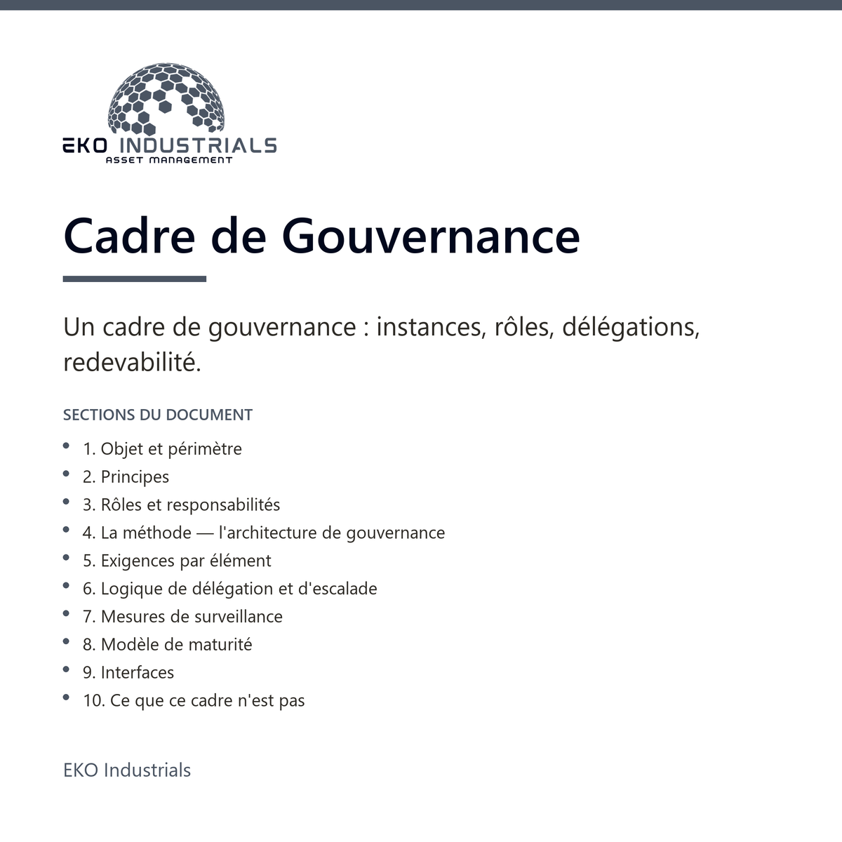 Cadre de Gouvernance, EKO Industrials : visuel de présentation du produit — 10 sections, livré en français et en anglais.