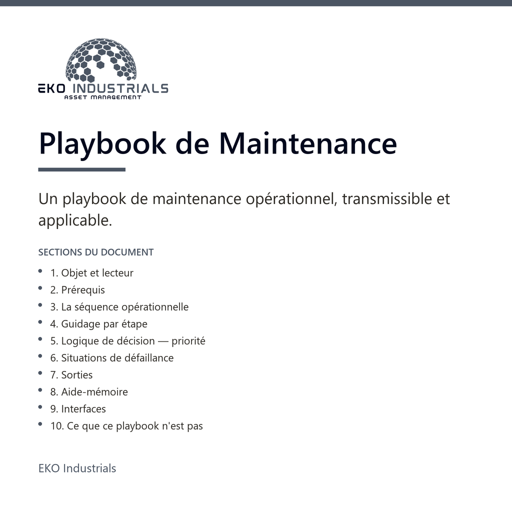 Playbook de Maintenance, EKO Industrials : visuel de présentation du produit — 10 sections, livré en français et en anglais.