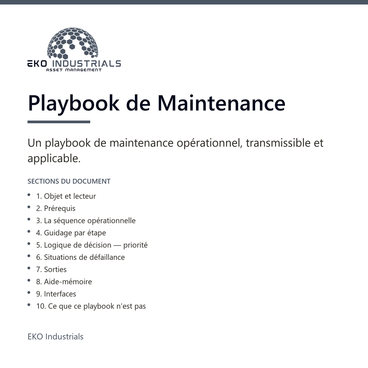 Playbook de Maintenance, EKO Industrials : visuel de présentation du produit — 10 sections, livré en français et en anglais.