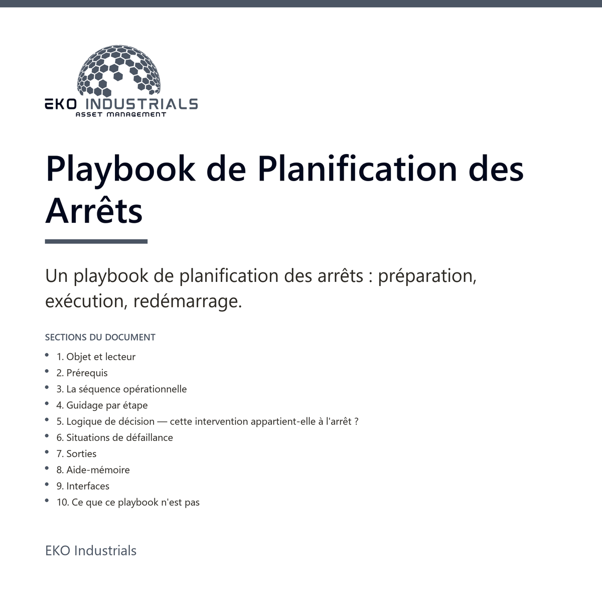 Playbook de Planification des Arrêts, EKO Industrials : visuel de présentation du produit — 10 sections, livré en français et en anglais.