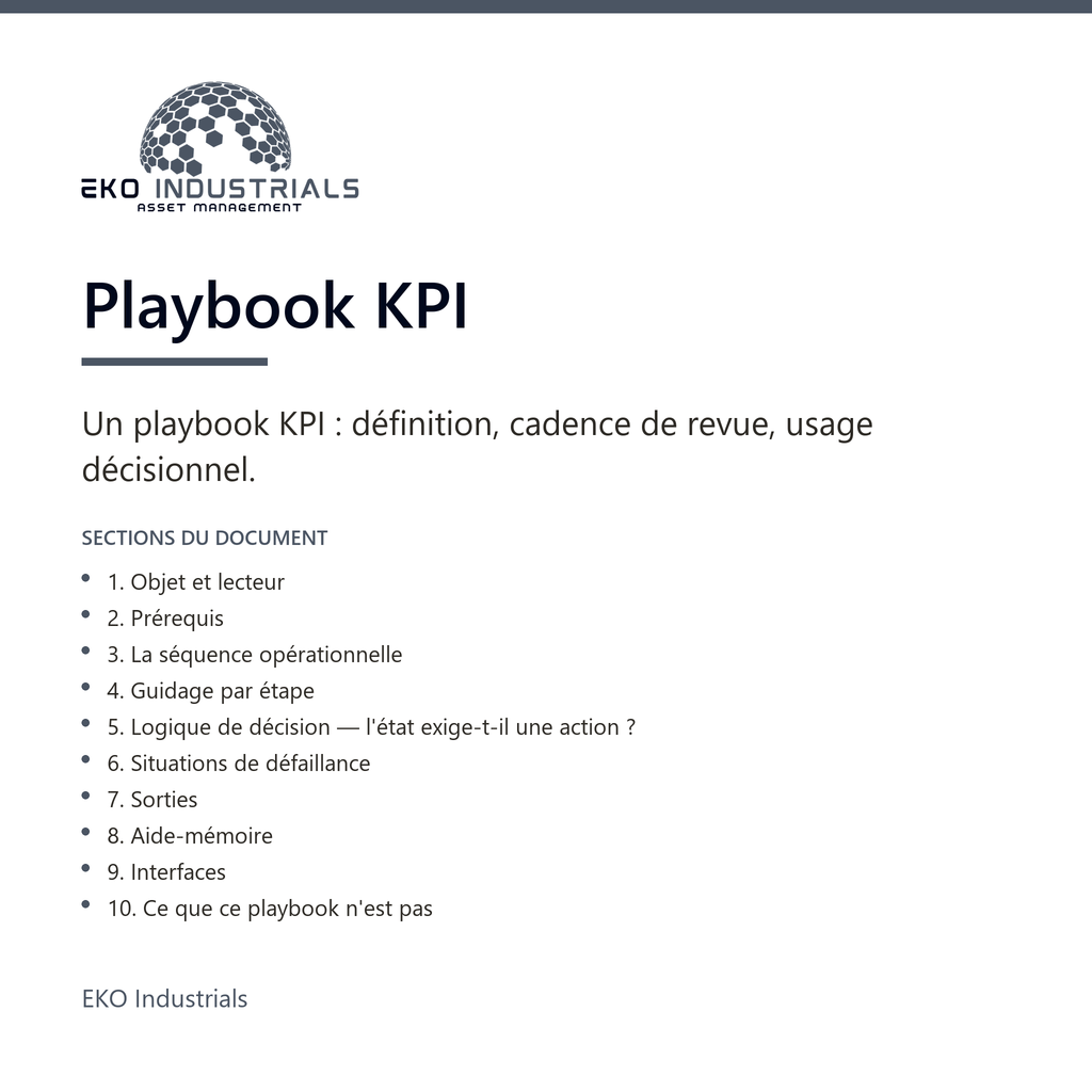 Playbook KPI, EKO Industrials : visuel de présentation du produit — 10 sections, livré en français et en anglais.