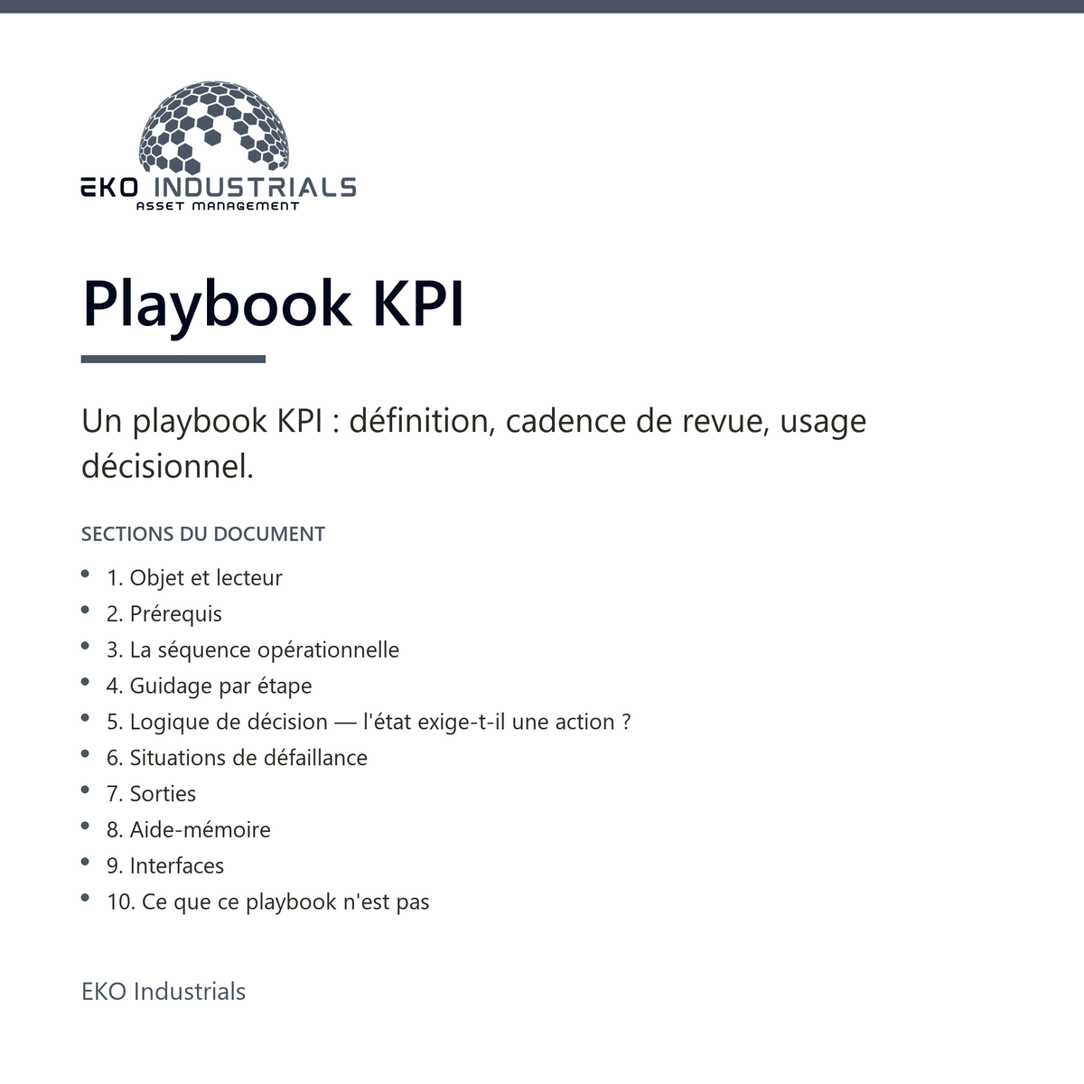 Playbook KPI, EKO Industrials : visuel de présentation du produit — 10 sections, livré en français et en anglais.