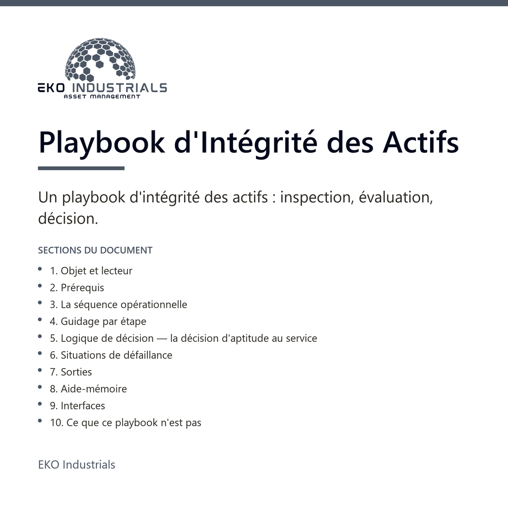 Playbook d'Intégrité des Actifs, EKO Industrials : visuel de présentation du produit — 10 sections, livré en français et en anglais.