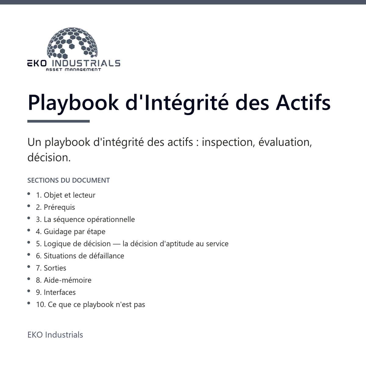 Playbook d'Intégrité des Actifs, EKO Industrials : visuel de présentation du produit — 10 sections, livré en français et en anglais.